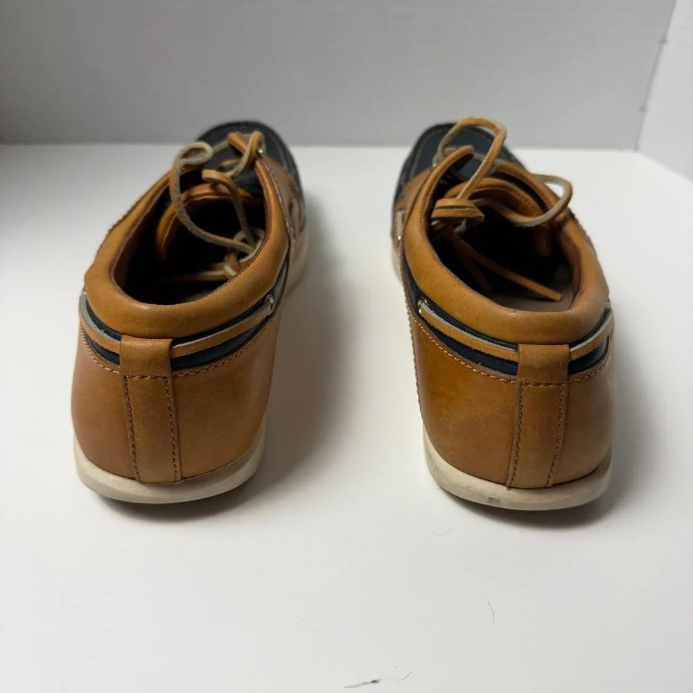 Sebago Dockside Boat Shoes Womens 10 Navy Tan Leather Preppy Nautical Old Money